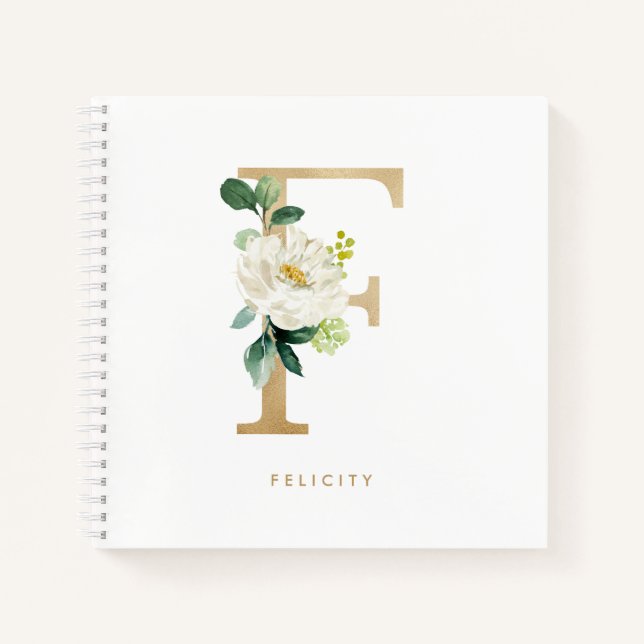 Imitate mit weißer Blume Goldfolienbuchstabe F Mon Notizbuch (Vorderseite)