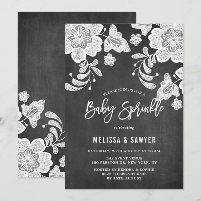 Imitate mit weißer Blumenspitze Chalkboard Baby Sp Einladung (Vorne/Hinten)