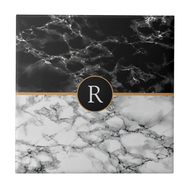 Imitate Monogram Trendy Schwarz-weiß Marble Fliese (Vorderseite)