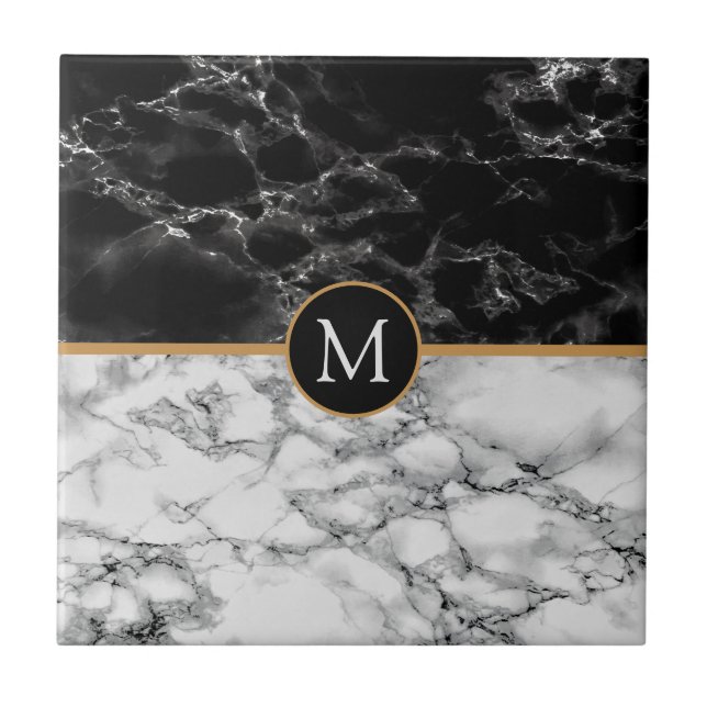 Imitate Monogramm Keramik Schwarz-Weiß-Marmor Fliese (Vorderseite)