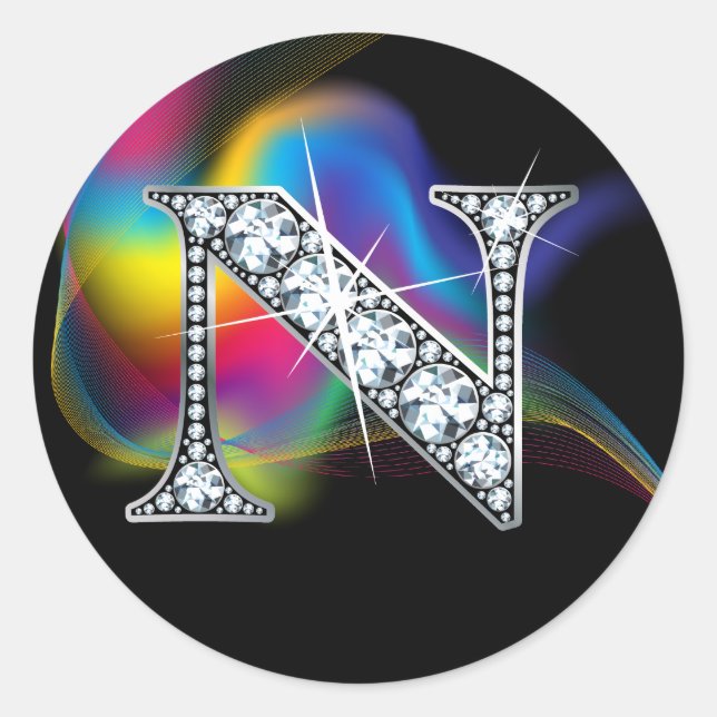 Imitate "N" Diamantblende auf Rainbow Swirt Herz Runder Aufkleber (Vorderseite)