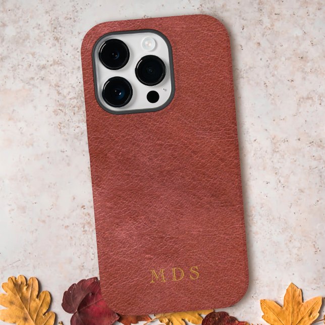 Imitate Orange Red Leather Oxblood Gold Monogram Case-Mate iPhone Hülle (A rust colored faux leather phone case with space for your initials. Perfect for fall!)