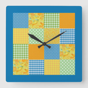 Imitate-Patchwork, Affodils, Polkas, Karos auf Blu Quadratische Wanduhr