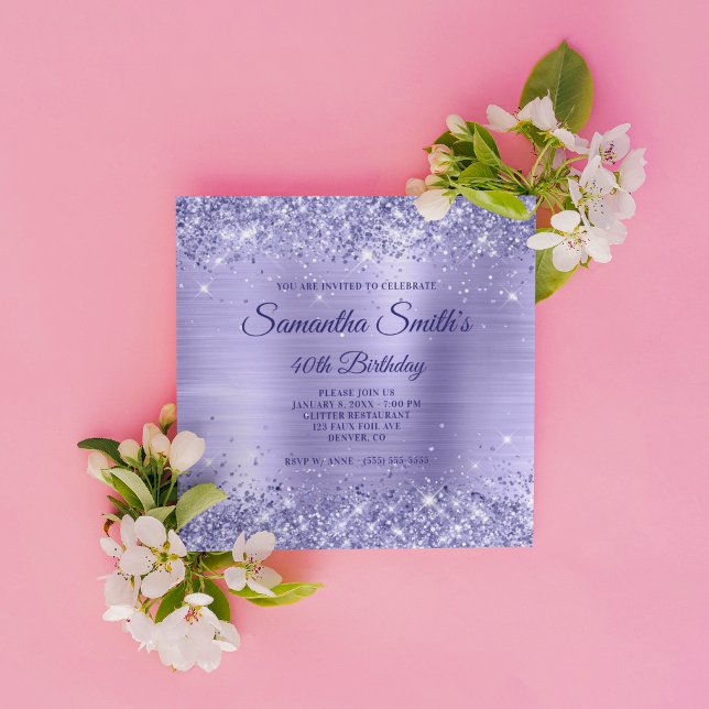 Imitate Periwinkle Glitzer und Foil 40. Geburtstag Einladung (Create your own milestone birthday invitation for her.)