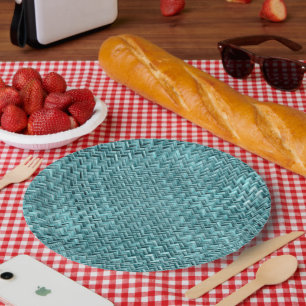Imitate Rattan Aquamarin Türkis Zigzag Weave Muste Pappteller