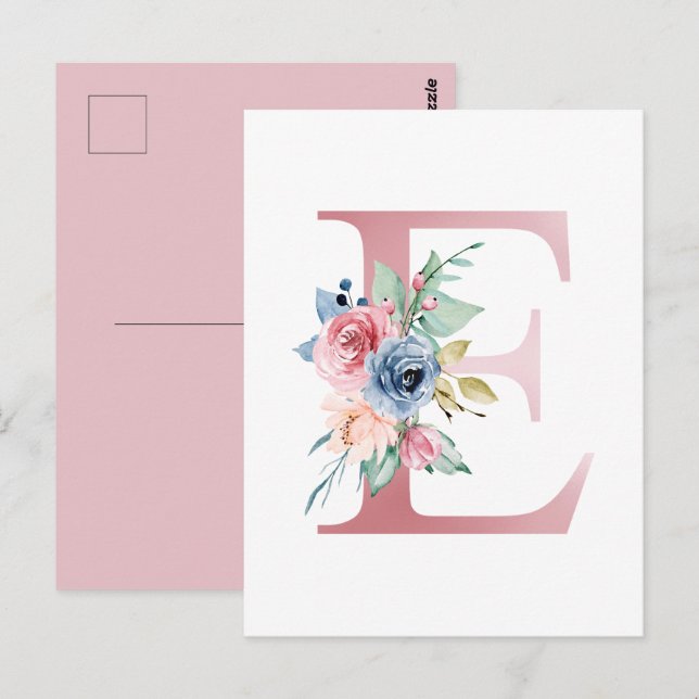 Imitate Rosa Folie Letter E Blush Floral Monogramm Postkarte (Vorne/Hinten)