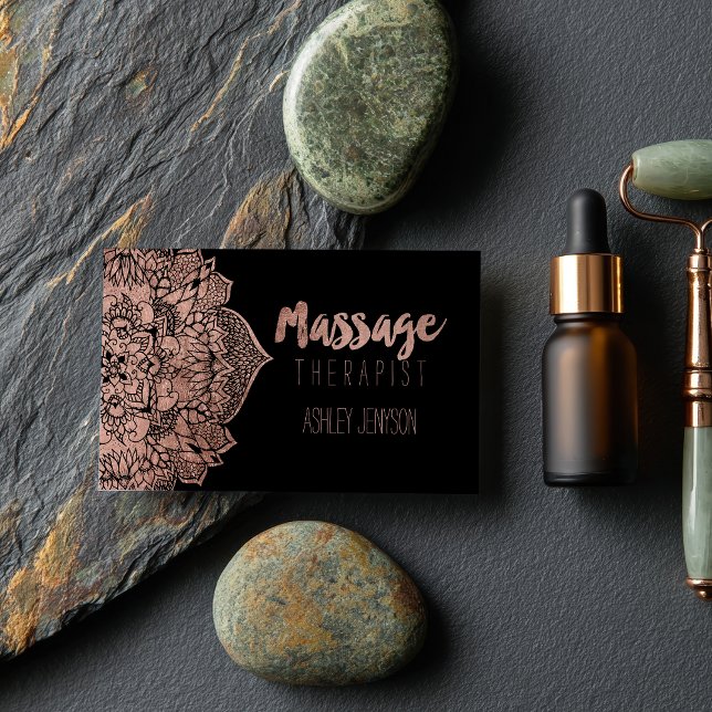 Imitate Rose Boho Blumenmassage Visitenkarte (Faux rose gold boho floral mandala massage business card)