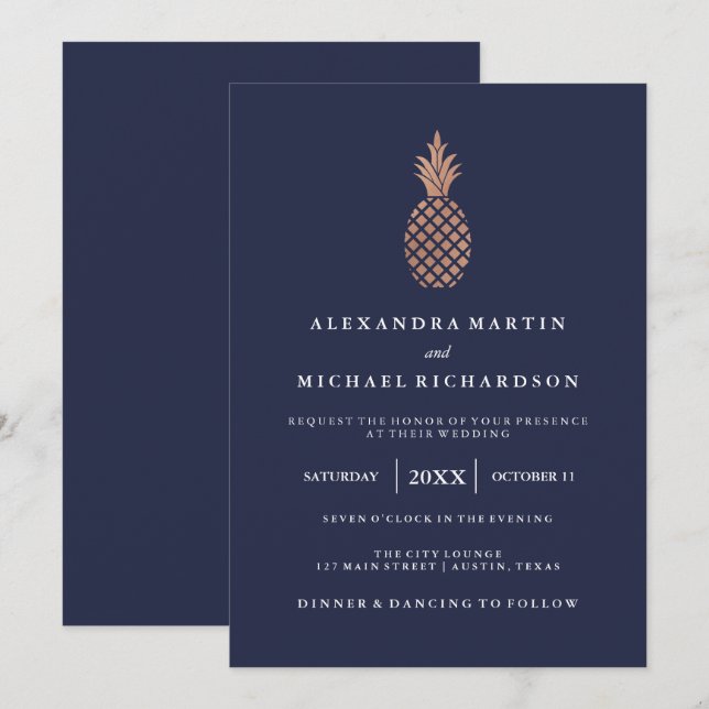 Imitate Rose Gold Ananas auf Midnight Blue Wedding Einladung (Vorne/Hinten)