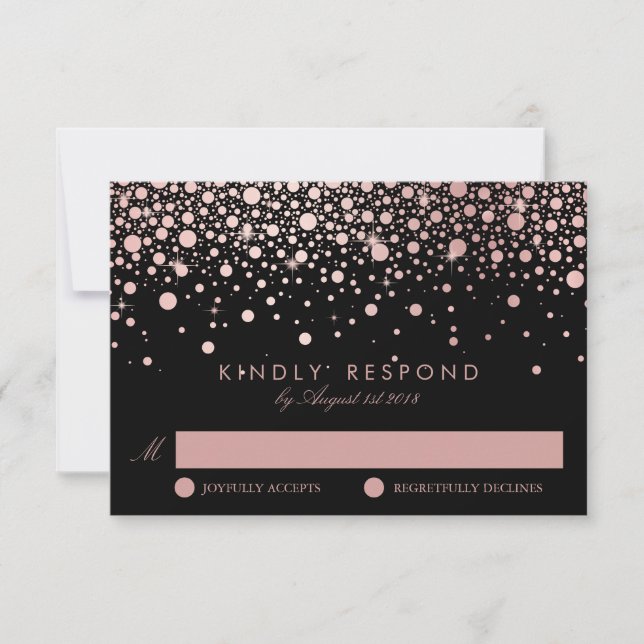 Imitate Rose Gold Confetti Dots Black Wedding RSVP (Vorderseite)