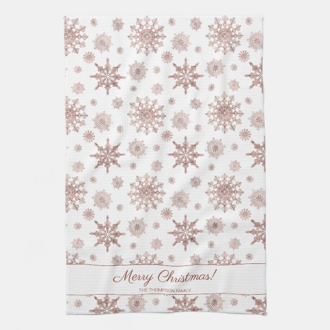 Imitate Rose Gold Farbschneeflocken & Text Geschirrtuch (Vertikal)