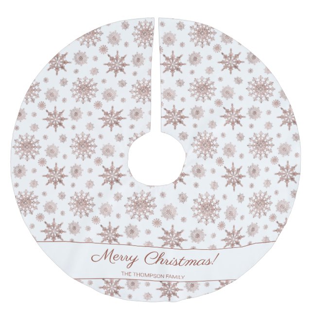 Imitate Rose Gold Farbschneeflocken & Text Polyester Weihnachtsbaumdecke (Vorderseite)