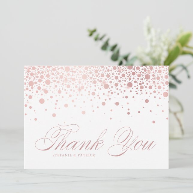 Imitate Rose Gold Foil Confetti Dots Hochzeit Dankeskarte (Stehend Vorderseite)