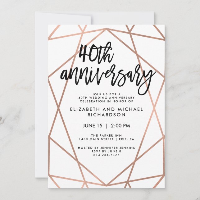 Imitate Rose Gold Geometric 40 Jahre Hochzeit Einladung (Vorderseite)