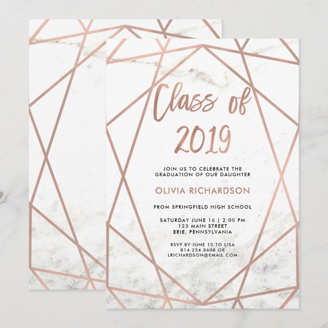 Imitate Rose Gold Geometric | Marble Graduation Pa Einladung (Vorne/Hinten)