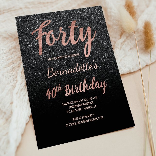 Imitate Rose Gold Glitzer 40. Geburtstag Einladung (Faux rose gold black glitter 40th Birthday Invitation)