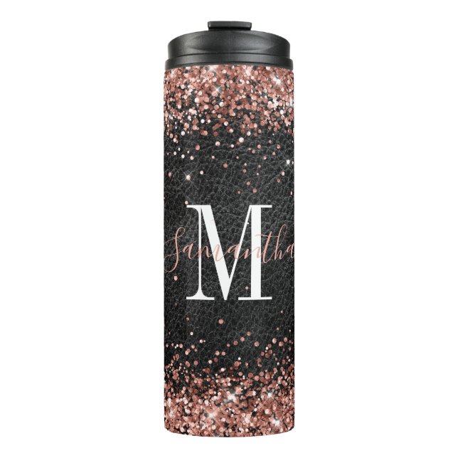 Imitate Rose Gold Glitzer Black Leather Monogram Thermosbecher (Vorderseite)