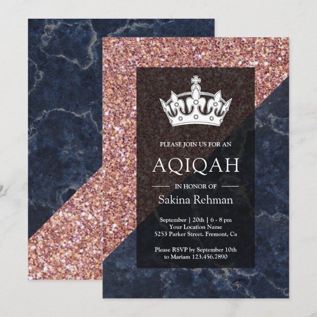 Imitate Rose Gold Glitzer Blue Marble Aqiqah Einladung (Vorne/Hinten)