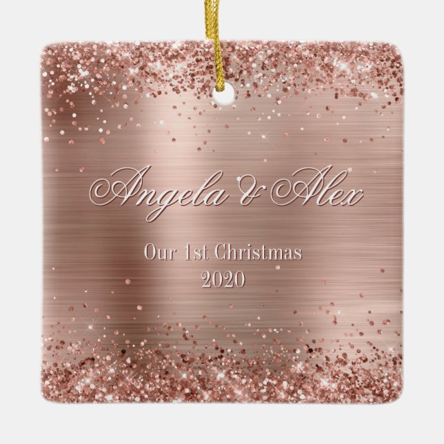 Imitate Rose Gold Glitzer Bürstenhaltiges Foto Keramikornament (Vorderseite)