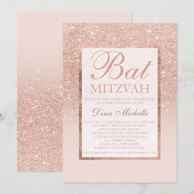 Imitate Rose Gold Glitzer eleganter Bat Mitzvah Einladung (Vorne/Hinten)