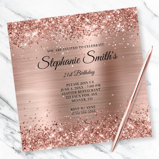 Imitate Rose Gold Glitzer Foil Monogram 21. Geburt Einladung (Create your own milestone birthday invitation for her.)