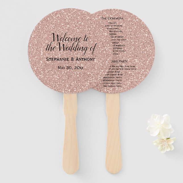Imitate Rose Gold Glitzer Hochzeit Willkommen Fächer (Vorne und Hinten)