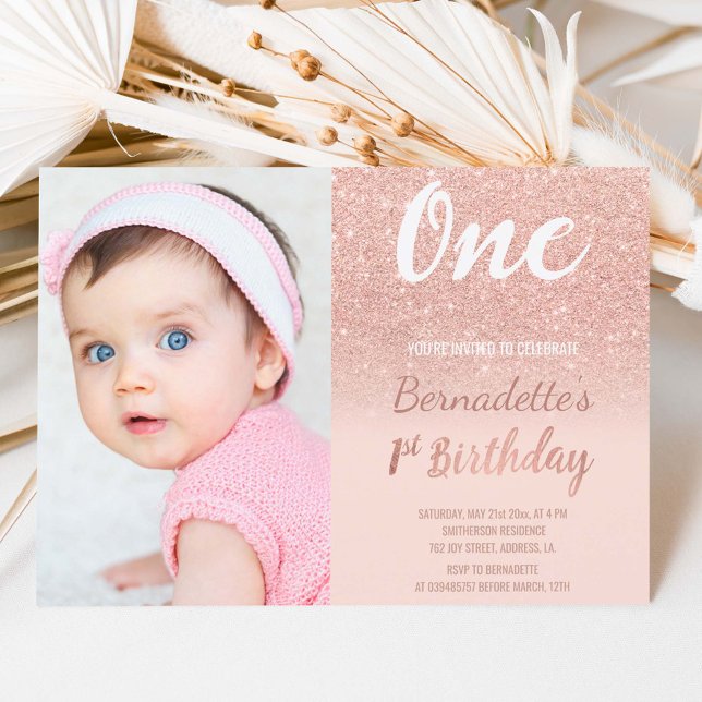 Imitate Rose Gold Glitzer ombre Foto ersten Geburt Einladung (Von Creator hochgeladen)