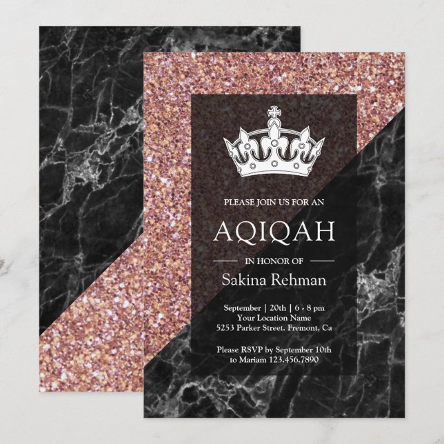 Imitate Rose Gold Glitzer Schwarzer Marmor Aqiqah Einladung (Vorne/Hinten)
