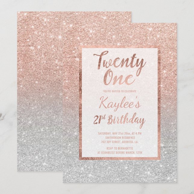 Imitate Rose Gold Imitate Glitzer Silberschick 21. Einladung (Vorne/Hinten)