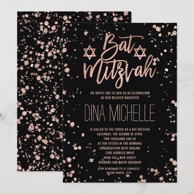 Imitate Rose Gold Konfetti Spritzer Bat Mitzvah Einladung (Vorne/Hinten)
