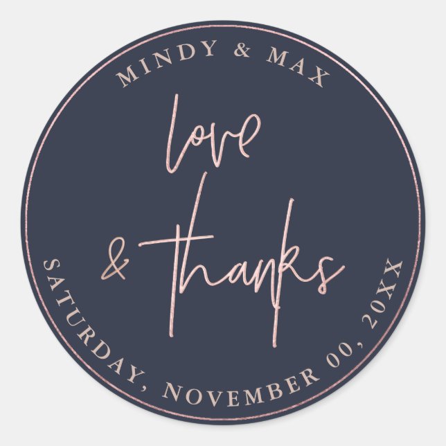 IMITATE ROSE GOLD LIEBE+DANK SIGNATURE SCRIPT RUNDER AUFKLEBER (Vorderseite)