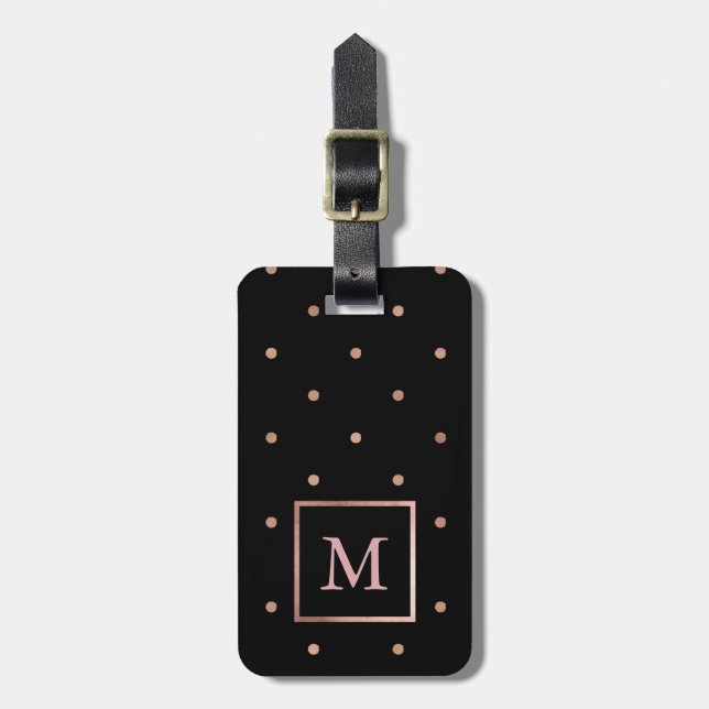 Imitate Rose Gold Punkte auf Schwarz mit Monogramm Gepäckanhänger (Vorderseite vertikal)
