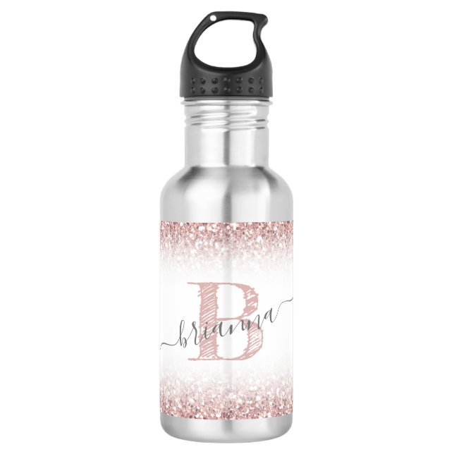 Imitate Rose Gold Rosa Glitzer Monogramm Name Nied Edelstahlflasche (Vorderseite)