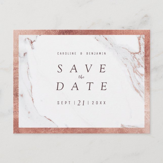Imitate Rose Goldmarmor Luxus modern Save the Date Ankündigungspostkarte (Vorderseite)