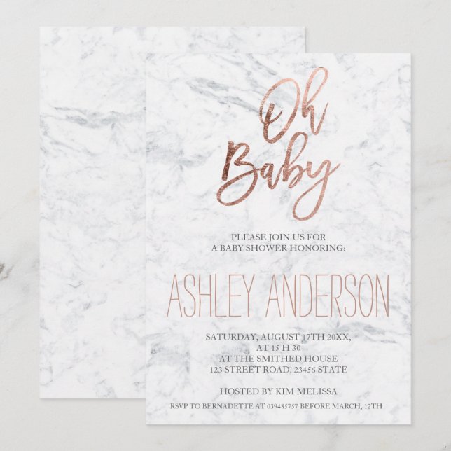 Imitate Rose Goldtypografie Marmor chic Babydusche Einladung (Vorne/Hinten)