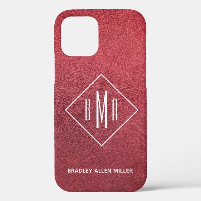 Imitate Rotes Leder Weißes Monogramm Personalisier Case-Mate iPhone Hülle (Rückseite)
