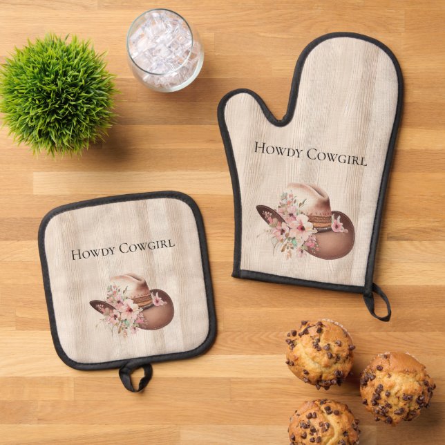 Imitate Rustikales Cream Wood Rosa Cowgirl Ofenhandschuh & Topflappen-Set (Oben Unten)
