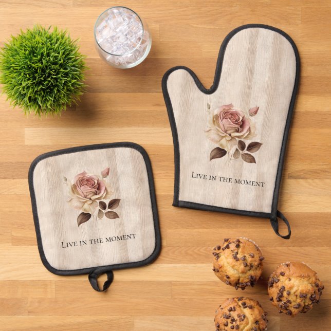 Imitate Rustikales Creme Rosa Rosenholz Ofenhandschuh & Topflappen-Set (Oben Unten)