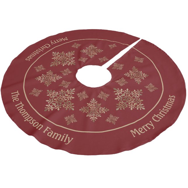 Imitate Schneeflocken auf Rot (nicht echter Boden) Polyester Weihnachtsbaumdecke (Schrägansicht)