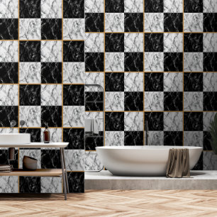 Imitate Schwarz-weißer Karo Marmorsteindesign Tapete