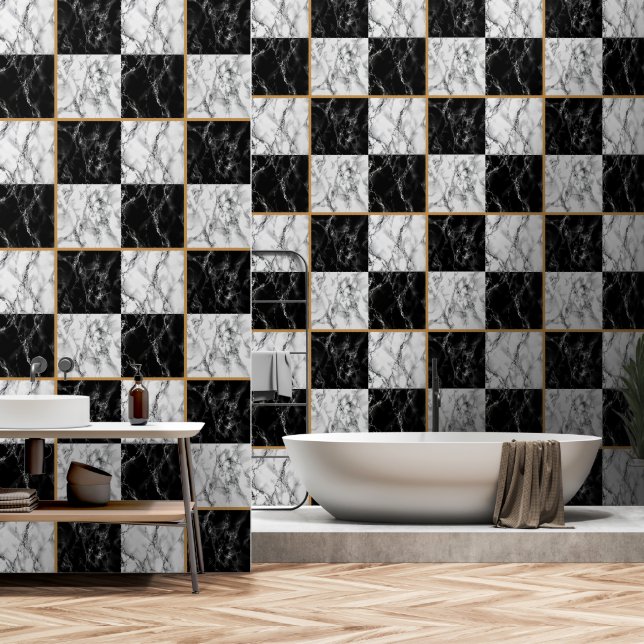 Imitate Schwarz-weißer Karo Marmorsteindesign Tapete (Badezimmer)