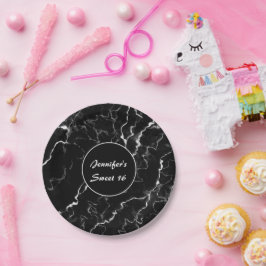 Imitate Schwarze Marmortextur Look Sweet 16 Geburt Pappteller