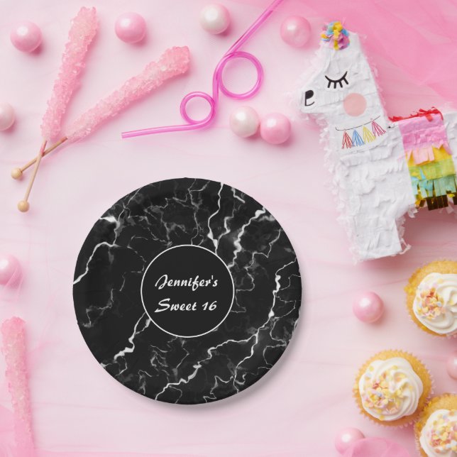 Imitate Schwarze Marmortextur Look Sweet 16 Geburt Pappteller (Party)