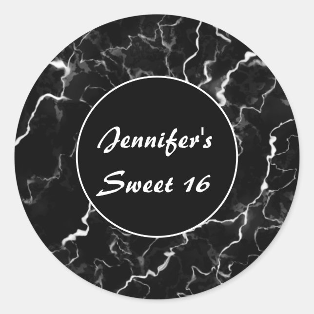 Imitate Schwarze Marmortextur Look Sweet 16 Geburt Runder Aufkleber (Vorderseite)