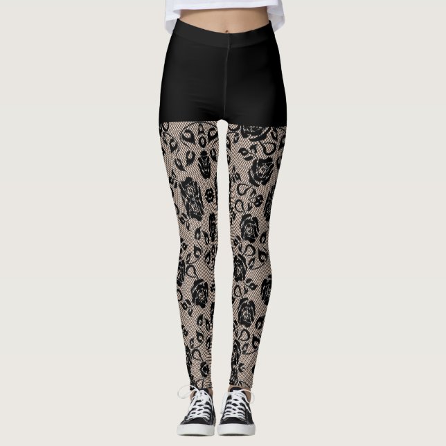 Imitate Schwarze Rose Lace Fishnet und Shorts Legg Leggings (Vorderseite)