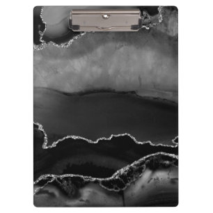 Imitate Schwarzer Marmor Agate Eleganter Silberner Klemmbrett