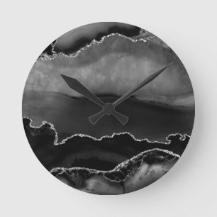 Imitate Schwarzer Marmor Agate Eleganter Silberner Runde Wanduhr