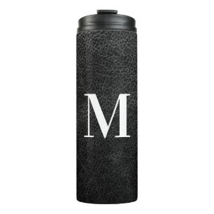 Imitate Schwarzes Leder Modernes Monogramm Thermosbecher