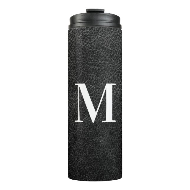 Imitate Schwarzes Leder Modernes Monogramm Thermosbecher (Vorderseite)