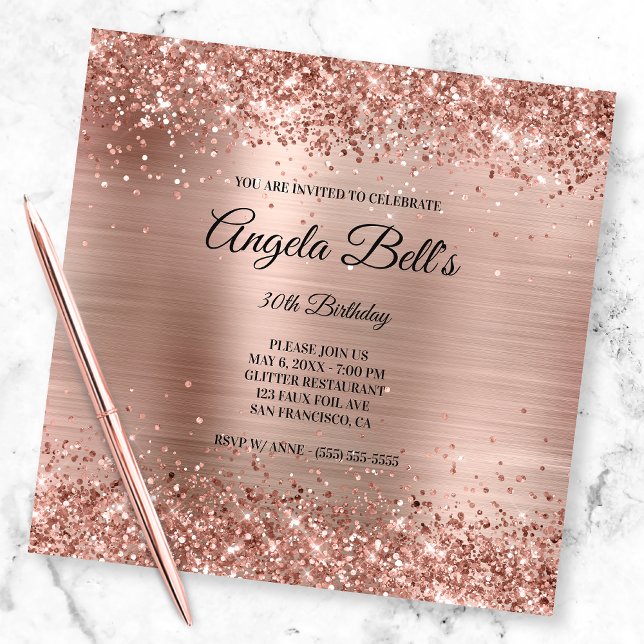 Imitate Shiny Rose Gold Glitzer Pinselfolie Monogr Einladung (Create your own milestone birthday invitation for her.)
