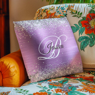 Imitate Shiny Silver Glitzer Lavender Foil Monogra Kissen